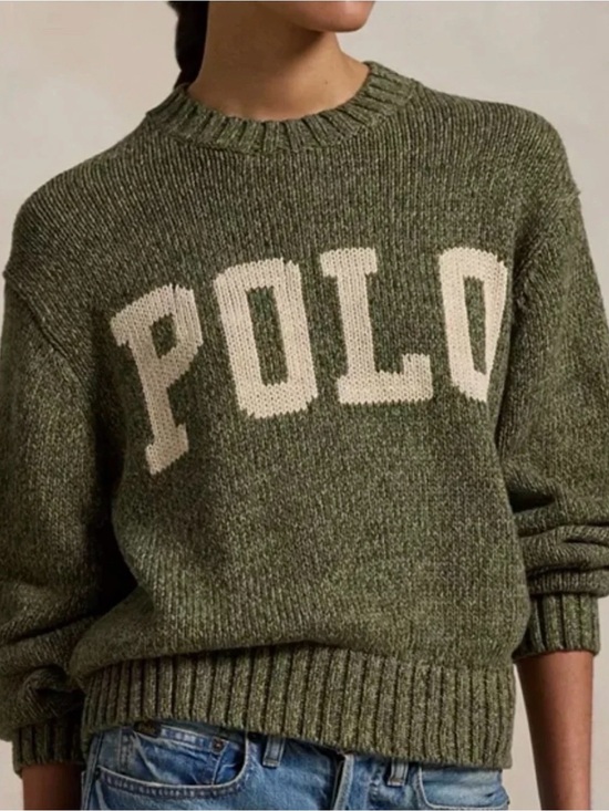 Polo Ralph Lauren Sweaters - Polo by Ralph Lauren Olive Knit Crewneck Sweater with Cream Logo